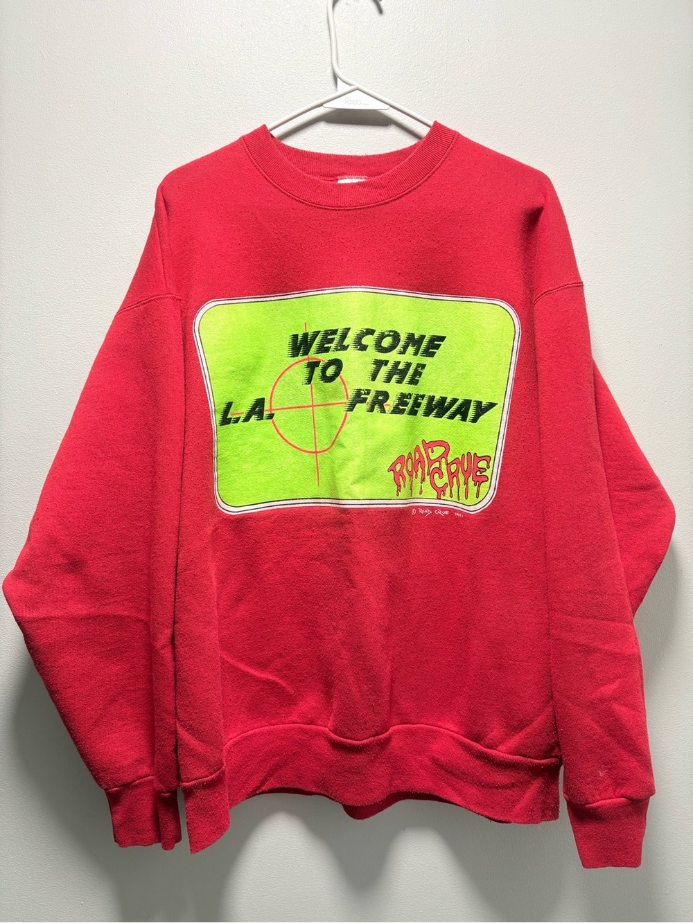 Red Graphic Crewneck Sweatshirt with Neon Green Patch 1991 Road Crue